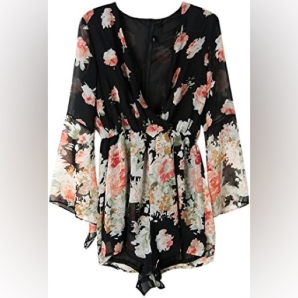 Floral Print Deep V-Neck Romper - Picture 2 of 6